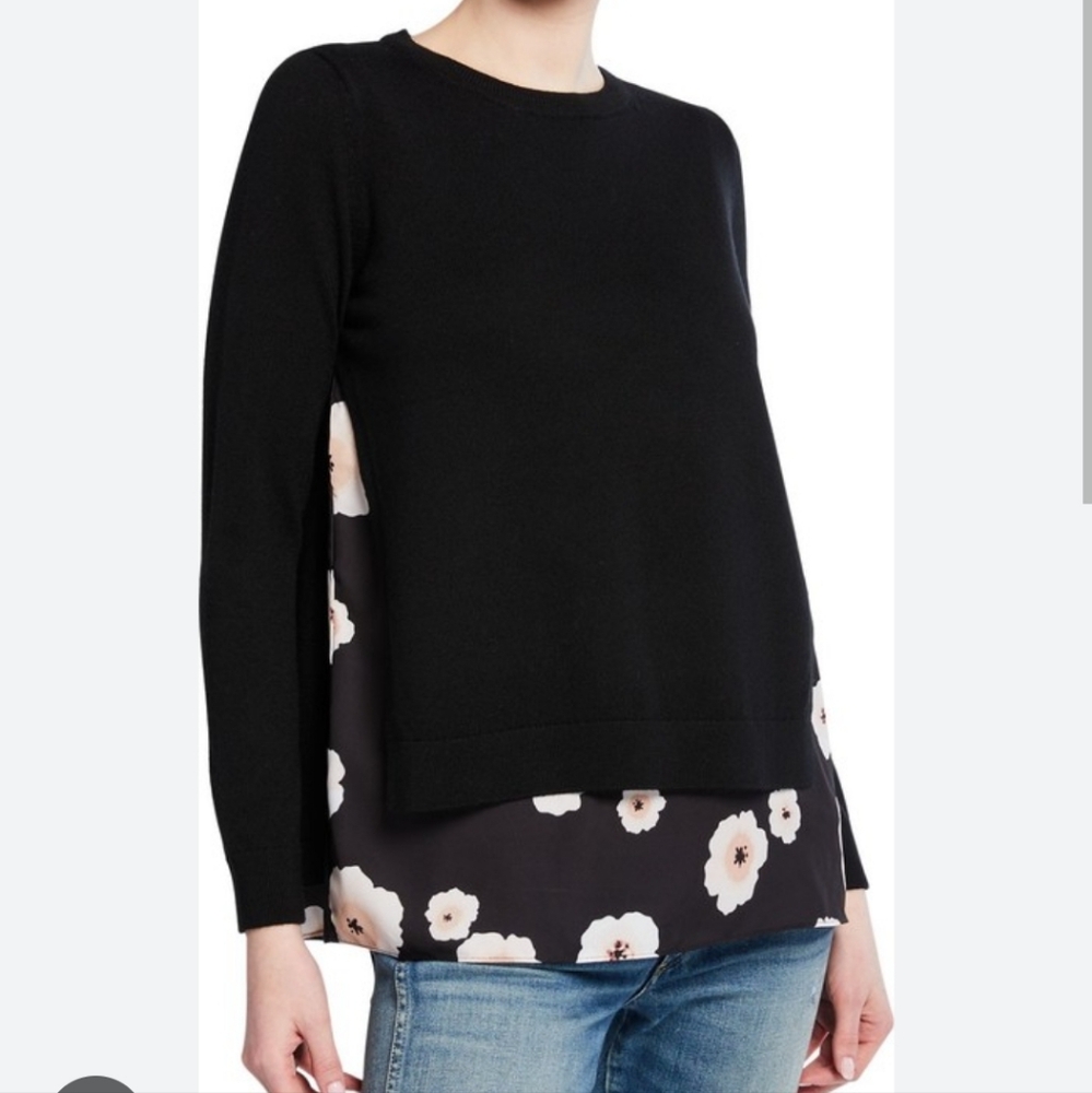 Club Monaco Sweater Size XS Black 100% Wool Floral Peak a Boo